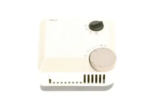 Weißes Bosch-Gerät mit einem runden Einstellrad und mehreren Symbolen, möglicherweise ein Thermostat oder Regler, mit Lüftungsschlitzen an der Unterseite.